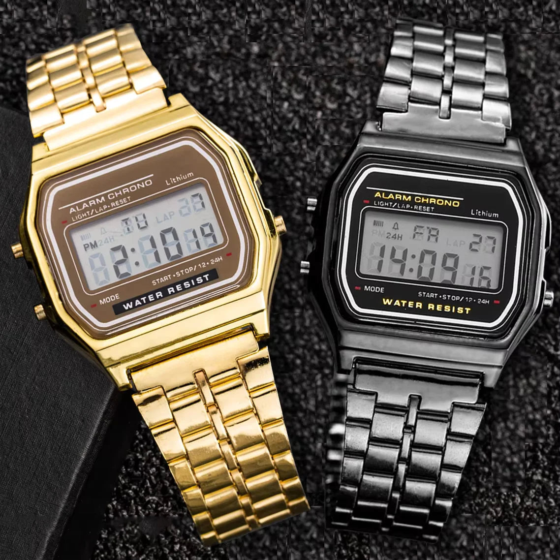 Luxury LED Digital Men's Stainless Steel Gold Watch Fashion Business Electronic Wristwatch