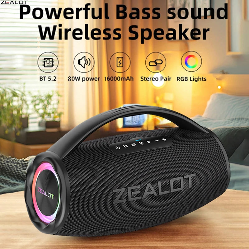 80W Portable Bluetooth Speaker 16000mAh Waterproof TWS Subwoofer with USB/TF/AUX and RGB Light