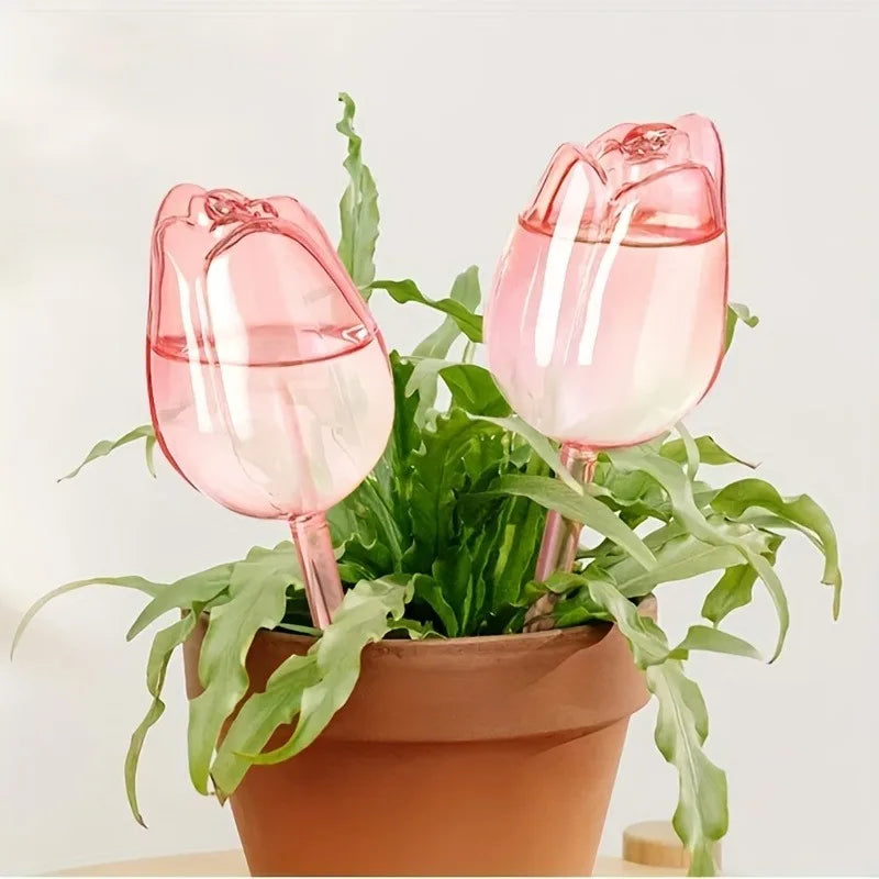 Pink Tulip Self-Watering Plant Globes — Automatic Indoor & Outdoor Drippers 9.4in x 2.6in (24cm x 6.5cm)