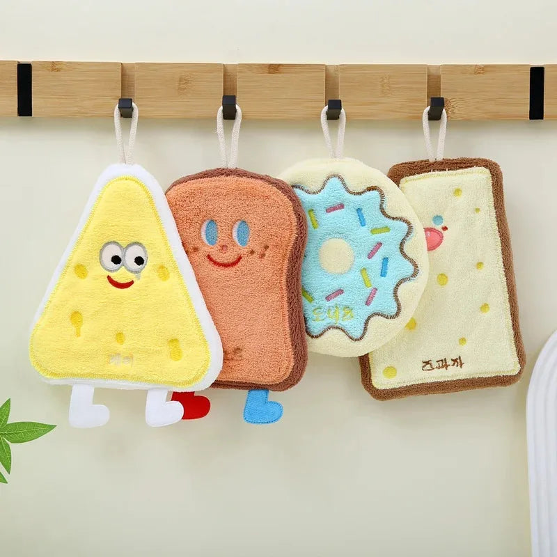 Triple-Layer Coral Fleece Hanging Hand Towel 27 x 22 cm (10.6 x 8.7 in) Super Soft Absorbent Cartoon Kitchen & Bathroom Towel with Hanging Loop