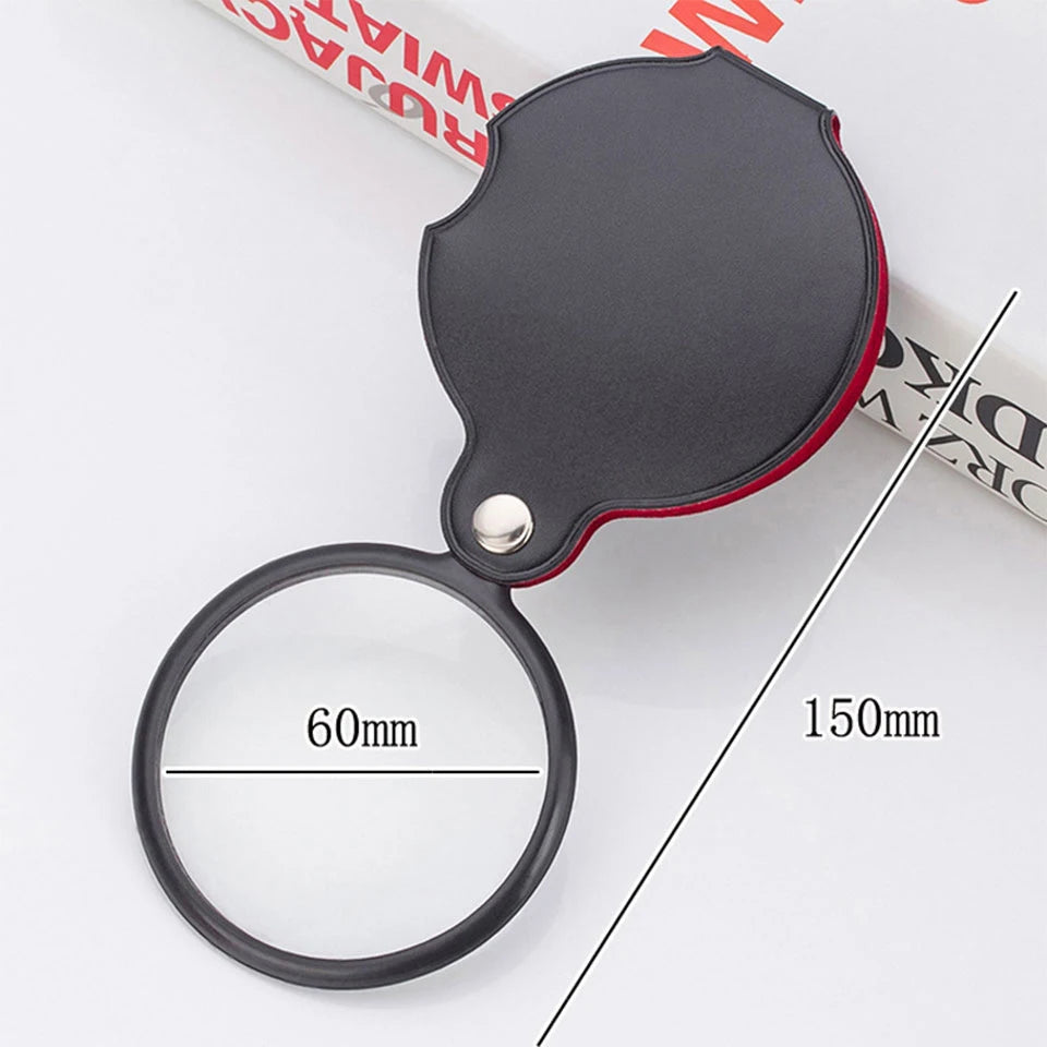 Foldable Pocket Magnifier 6X/8X – 50mm & 60mm (2.0 in / 2.4 in) Glass Lens Leather Case Handheld Loupe for Reading & Jewelry