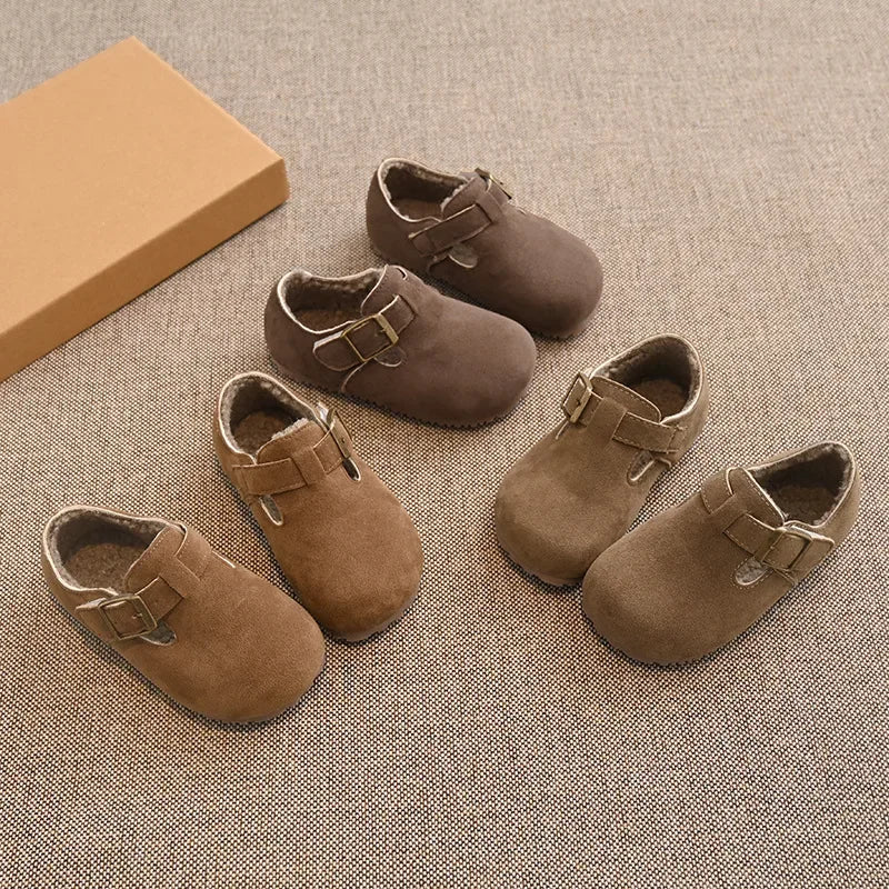 Kids Winter Suede Moccasins – Non-Slip Soft Sole Flat Shoes for Boys & Girls (Ages 3–12)