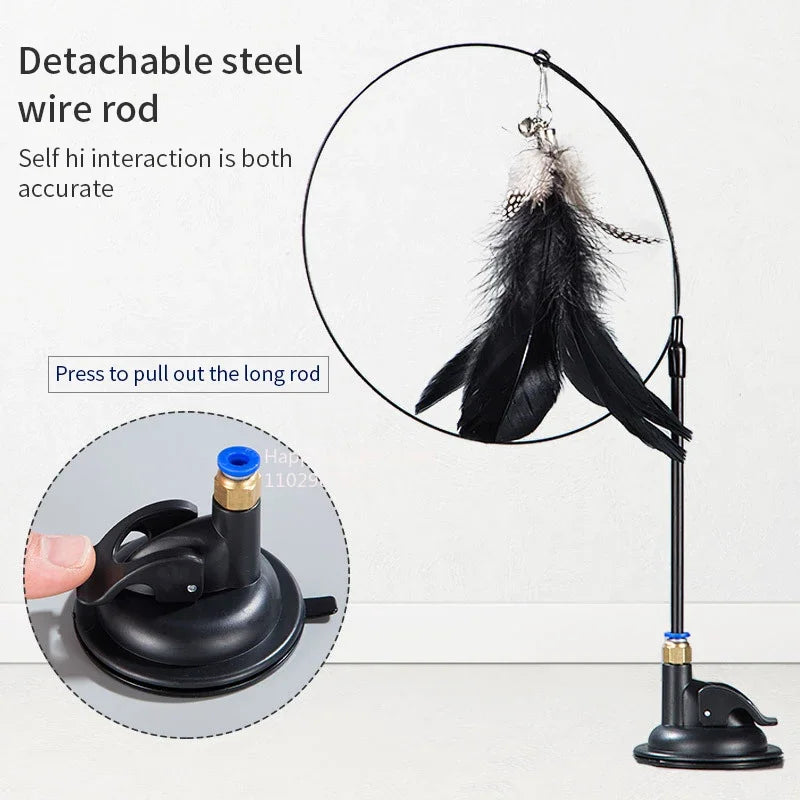 Interactive Cat Feather Teaser Wand with Bell, Extendable Rod, Suction Cup & Replaceable Feather Head
