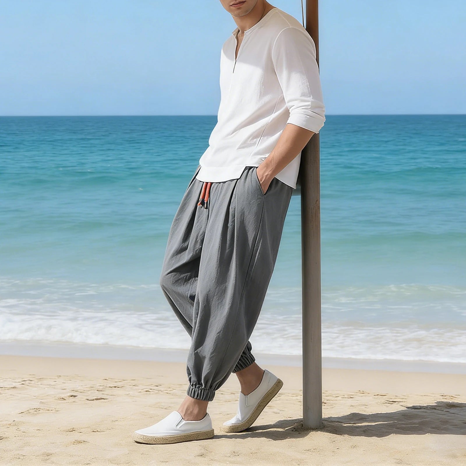 Men's Linen Ankle-Length Cropped Pants Elastic Waist Pleated Loose Beach Travel Casual Trousers