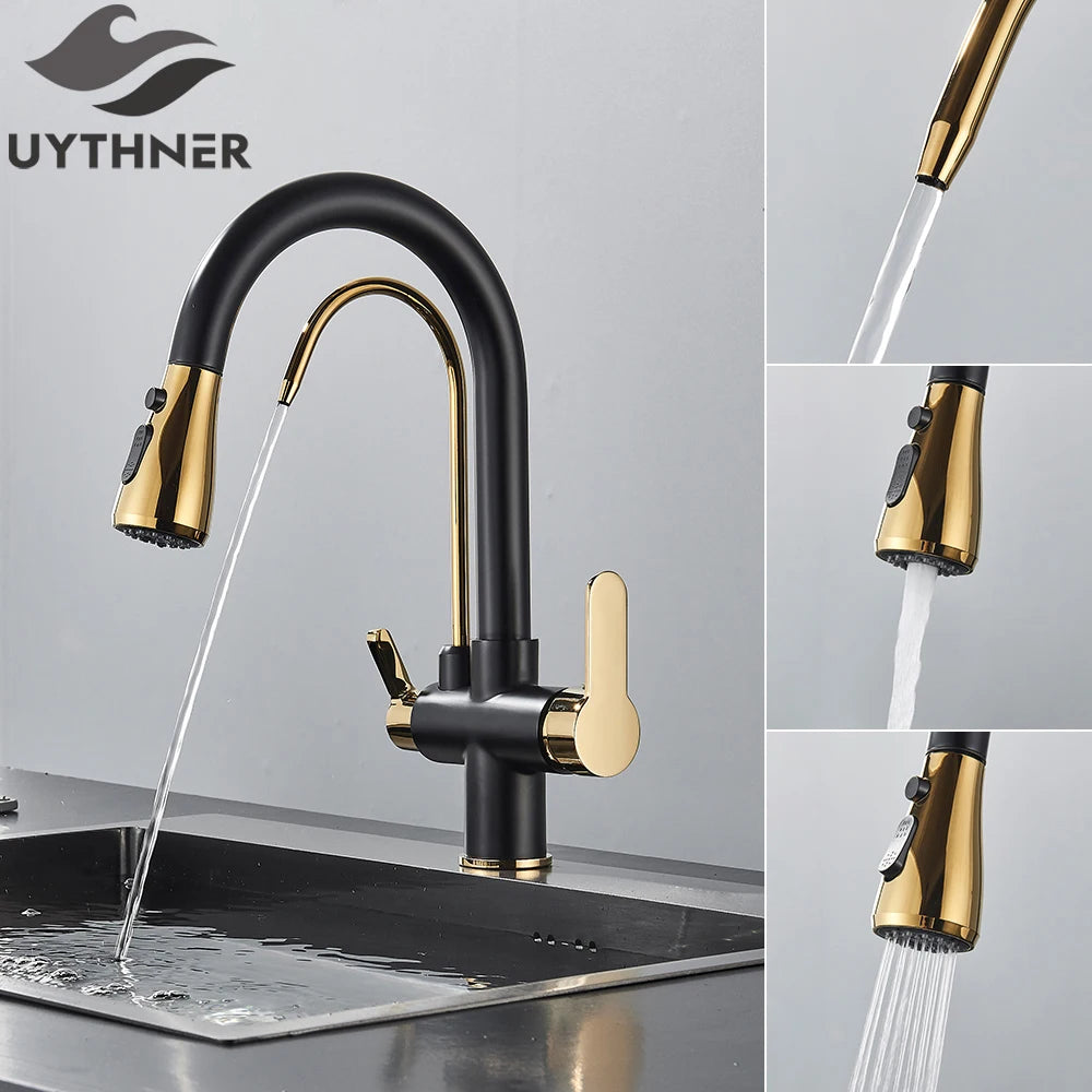 Brass Kitchen Water Filter Faucet Dual-Spout Mixer – 360° Swivel Filtered Drinking Tap, Hot & Cold