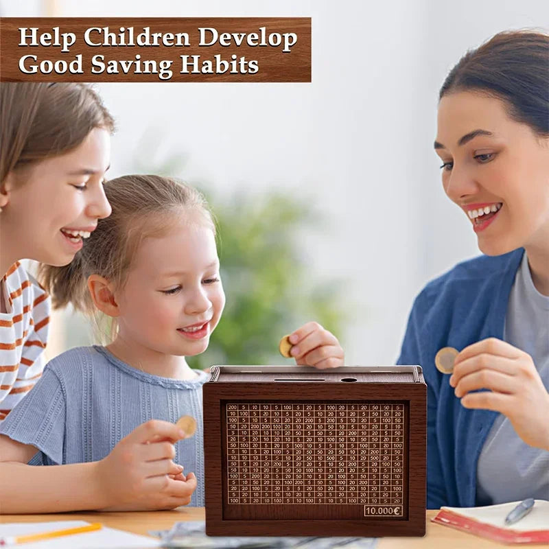 Handmade Natural Wooden Piggy Bank with Goal Counter - Decorative Money Saving Box for Kids & Adults