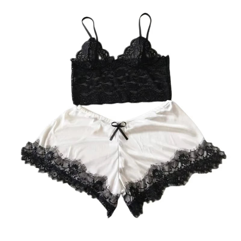 2-Piece Women's Lace Sheer Pajama Set - Breathable Suspender Camisole and Shorts, Black and Pink