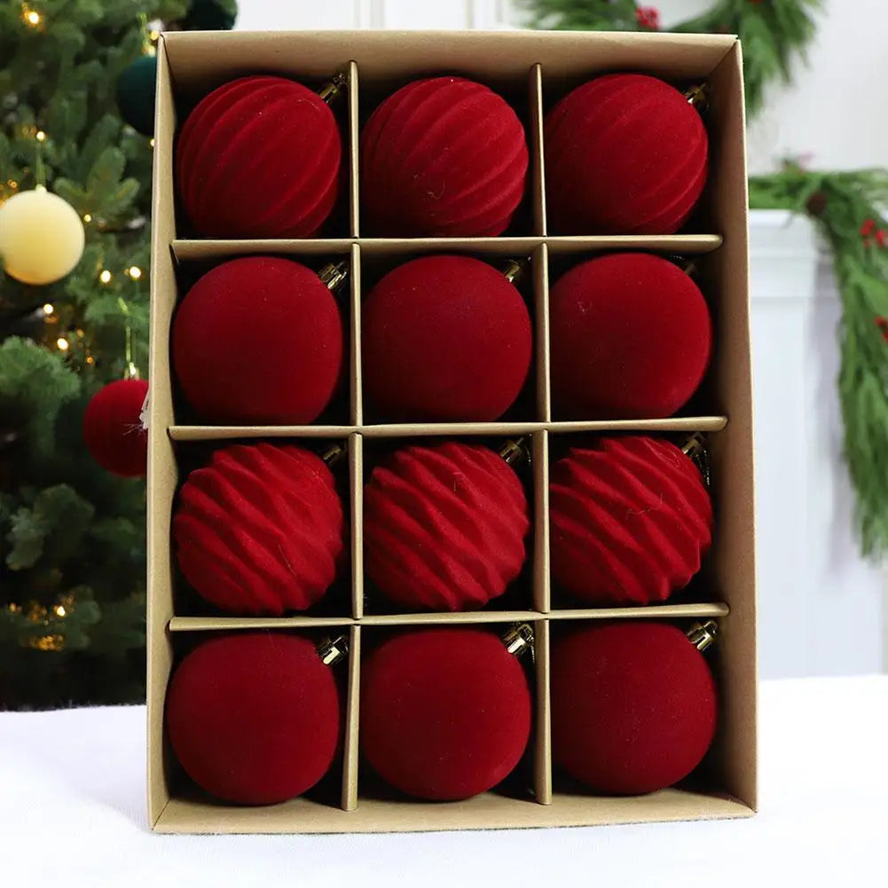 Velvet Flocked Christmas Balls 12-Pack Green Ornaments for Christmas Tree Holiday Decor