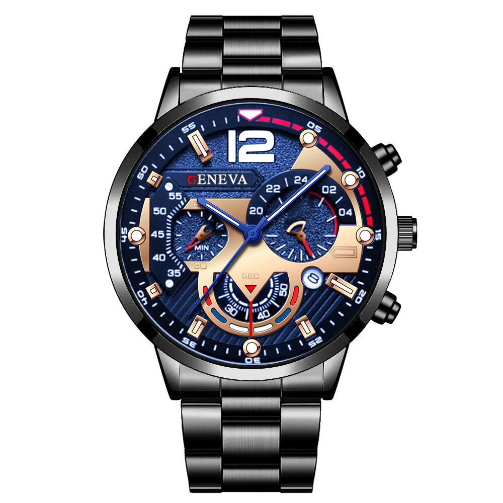 Men's Stainless Steel Analog Quartz Watch with Calendar - 42mm Case, Folding Clasp