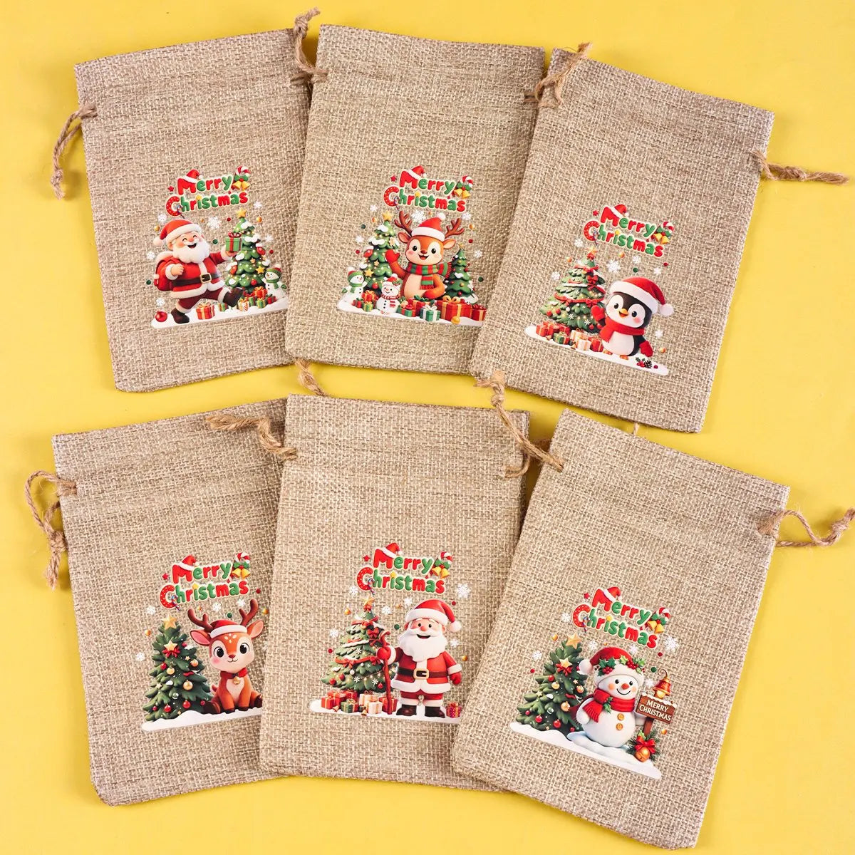 6-Pack Burlap Christmas Gift Bags with Santa & Reindeer Prints, Drawstring Jute Party Favor Bags