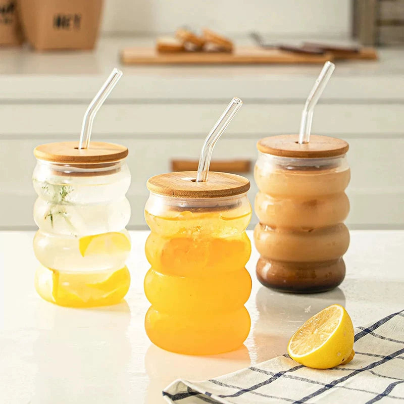 1/2/4-Pack Wave Glass Cups with Lid & Straw — 350ml (12 fl oz) Heat-Resistant Tumblers for Juice, Iced Coffee, Smoothies