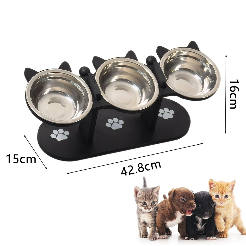 Elevated Stainless Steel Cat Bowl with Black Wooden Stand — 15° Tilted Pet Feeder
