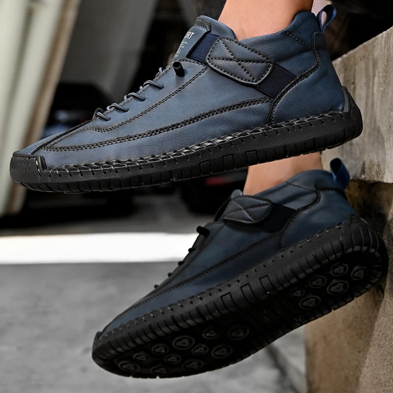 Handmade Men's PU Leather Slip-On Loafers Breathable Casual Moccasins Rubber Outsole Plus Sizes