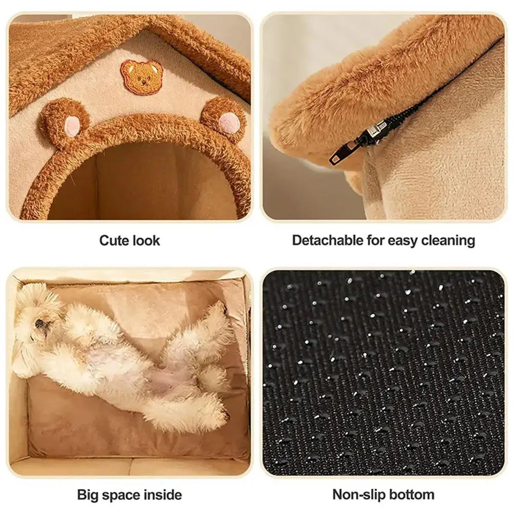 Thick Plush Semi-Enclosed Cat & Small Dog House Bed 13 x 11.8 x 12.6 in (33 x 30 x 32 cm) Removable Washable Cushion Non-Slip Base