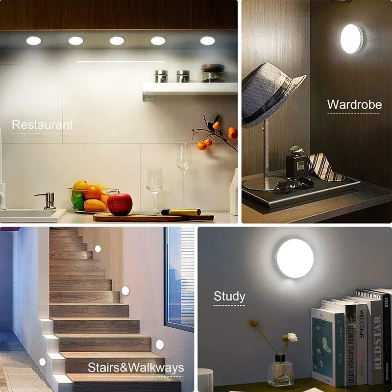 2-6 Pack Motion Sensor LED Night Lights - USB Rechargeable 3-Color Cabinet Closet Staircase Wireless Lamp