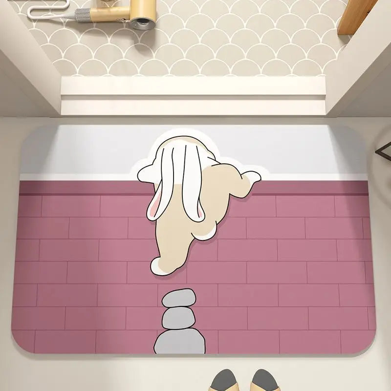 Cartoon Diatomaceous Earth Absorbent Bathroom Floor Mat - Quick-Dry Non-Slip Bath Rug for Toilet, Sink, Bedroom