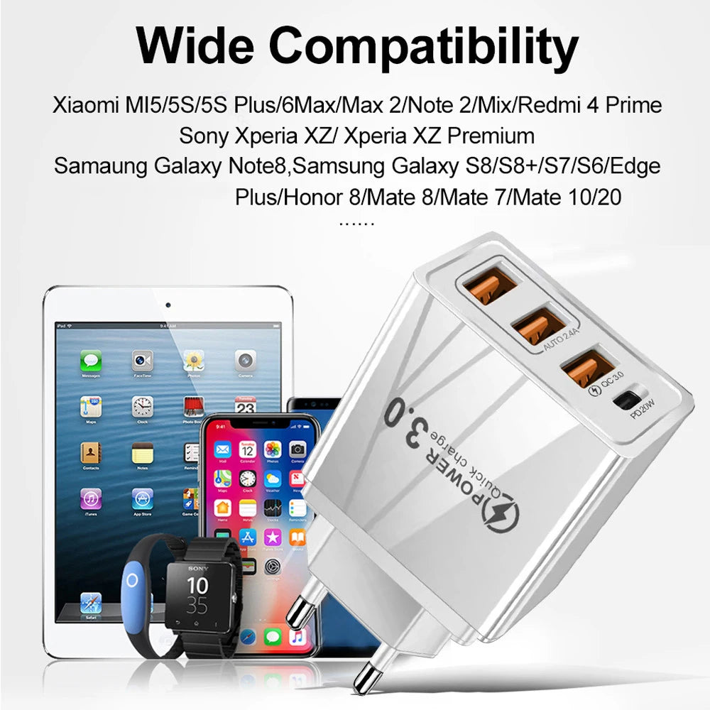 48W USB-C PD Fast Charger — QC 3.0 Wall Charger with EU/US Plug, Universal for Smartphones & Tablets
