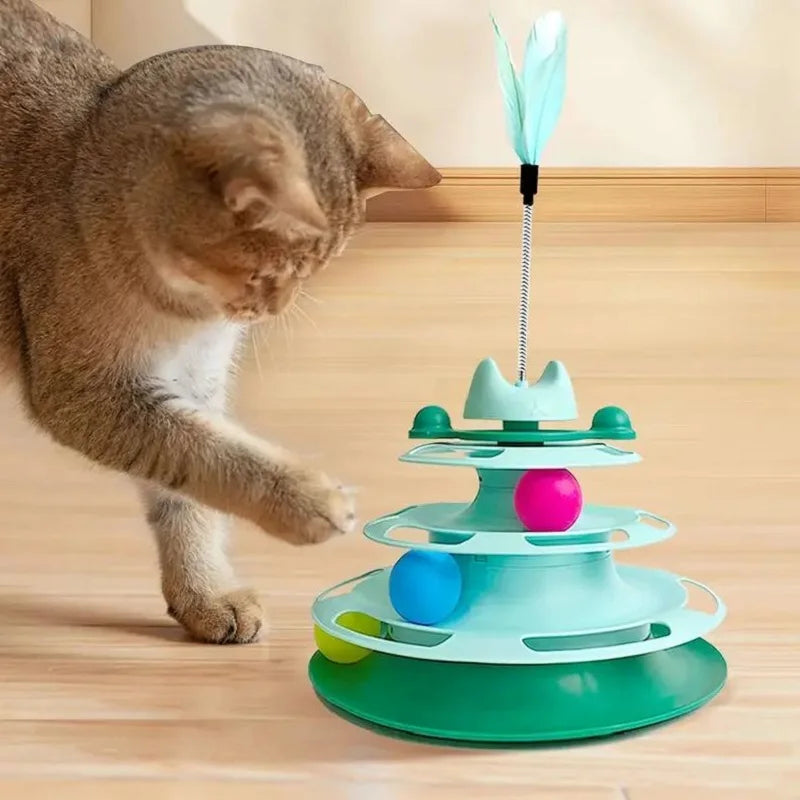 Interactive Cat Toy Tower with Turntable Track, Rolling Balls and Feather Teaser - Kitten Training Toy