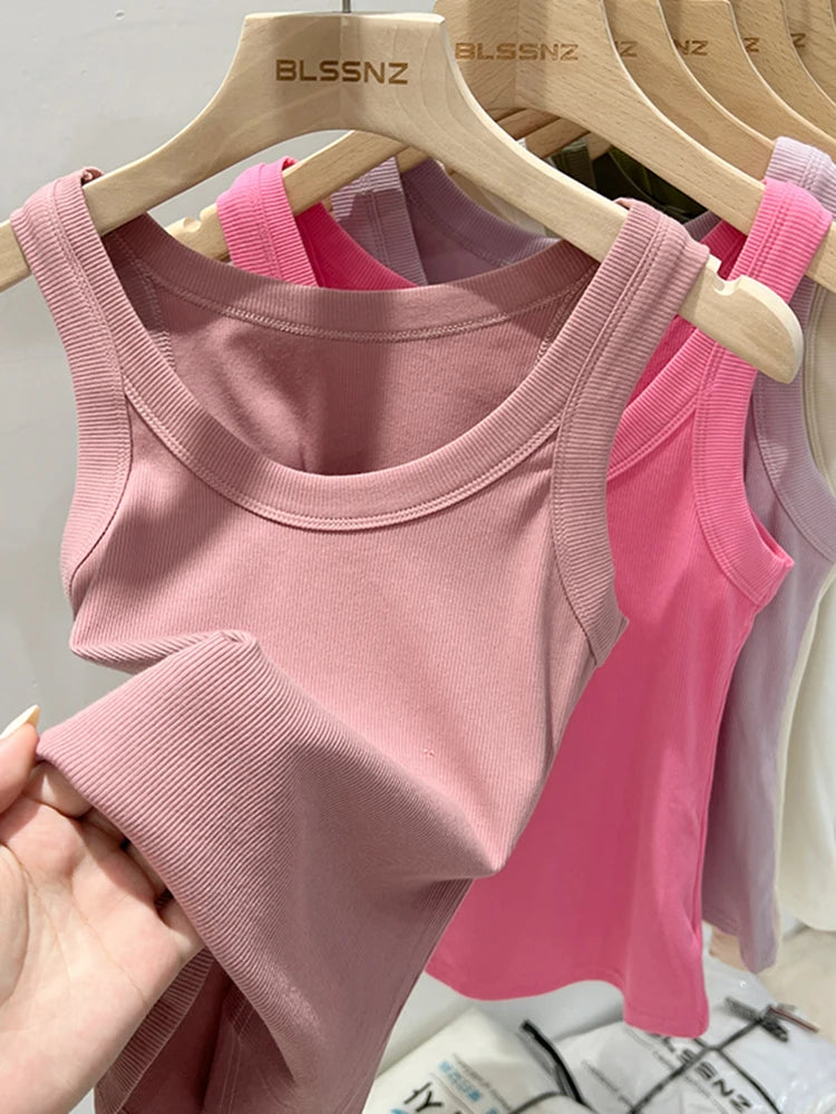 Women's Ribbed Round Neck Tank Top O-Neck Camisole Elastic Summer Basic Solid Tank