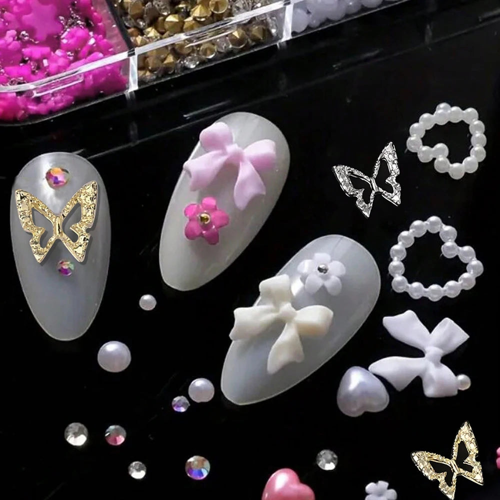 12-Grid Pink & White Nail Art Charms Set – Bows, Pearls, Rhinestones & Butterflies for DIY Manicure