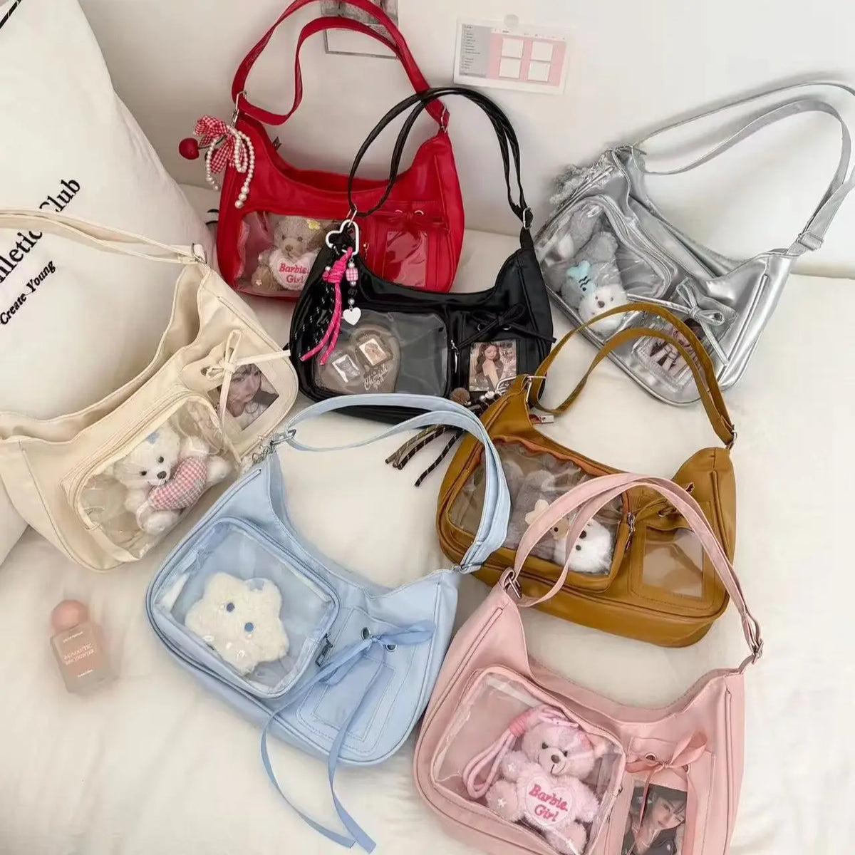 Harajuku Transparent Ita Shoulder Bag with Bow Accent – Korean Preppy School Crossbody Purse, Adjustable Strap