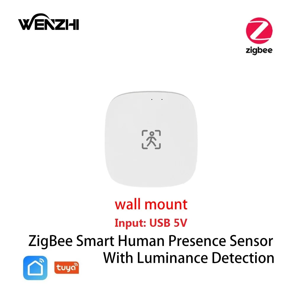 ZigBee WiFi mmWave Human Presence Sensor — Luminance & Distance Detection, AC 80–240V / USB 5V, Tuya Smart Life Compatible