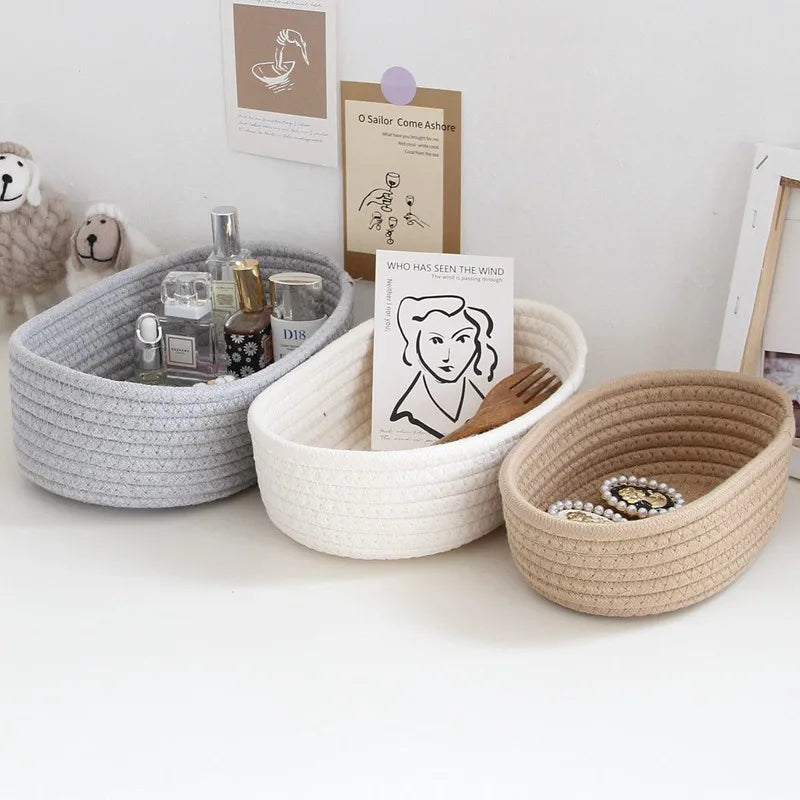 Nordic Cotton Rope Woven Storage Baskets - Small/Medium/Large Desktop Organizer for Cosmetics, Keys & Sundries