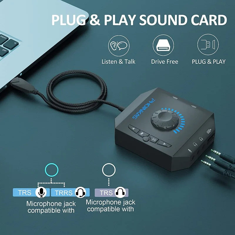 Plug & Play External USB Sound Card Audio Adapter with 3.5mm Jack & 3 USB Ports for PC, Laptop, Mac, PS4, Xbox