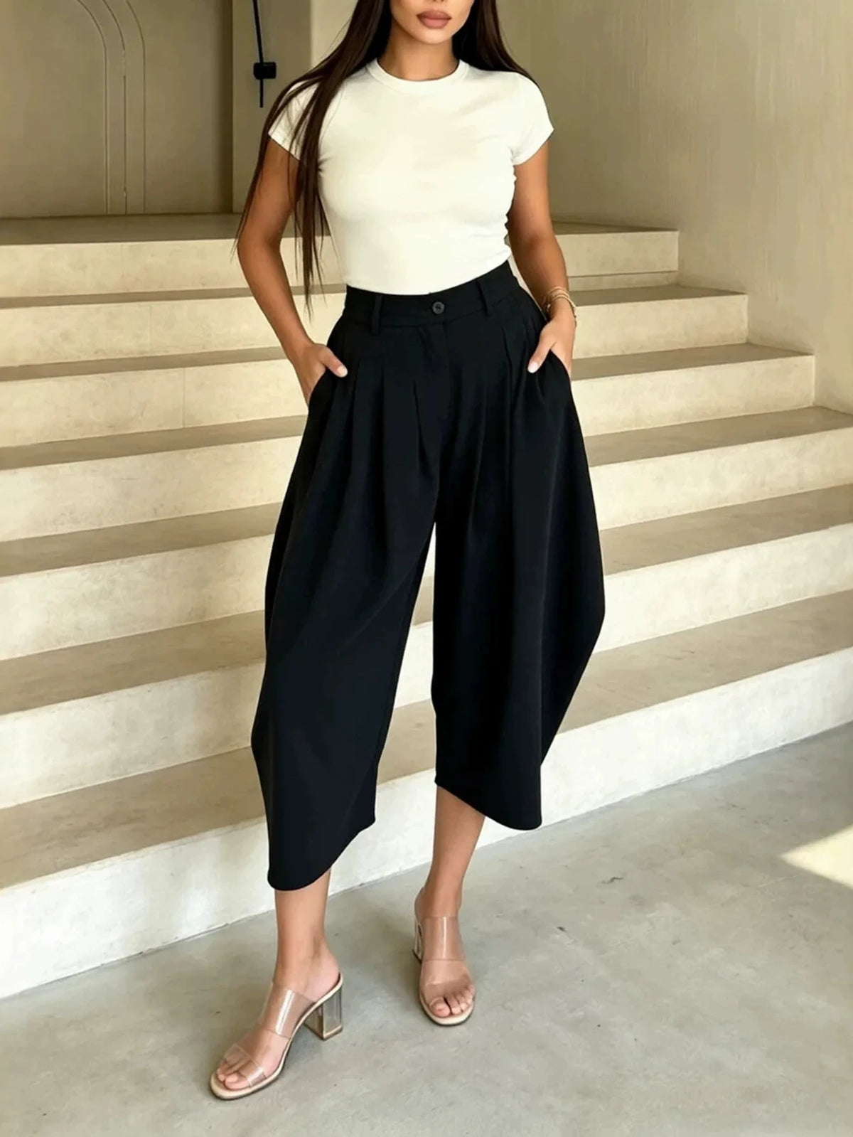 Women's High-Waist Summer Wide-Leg Casual Pants Loose Calf-Length