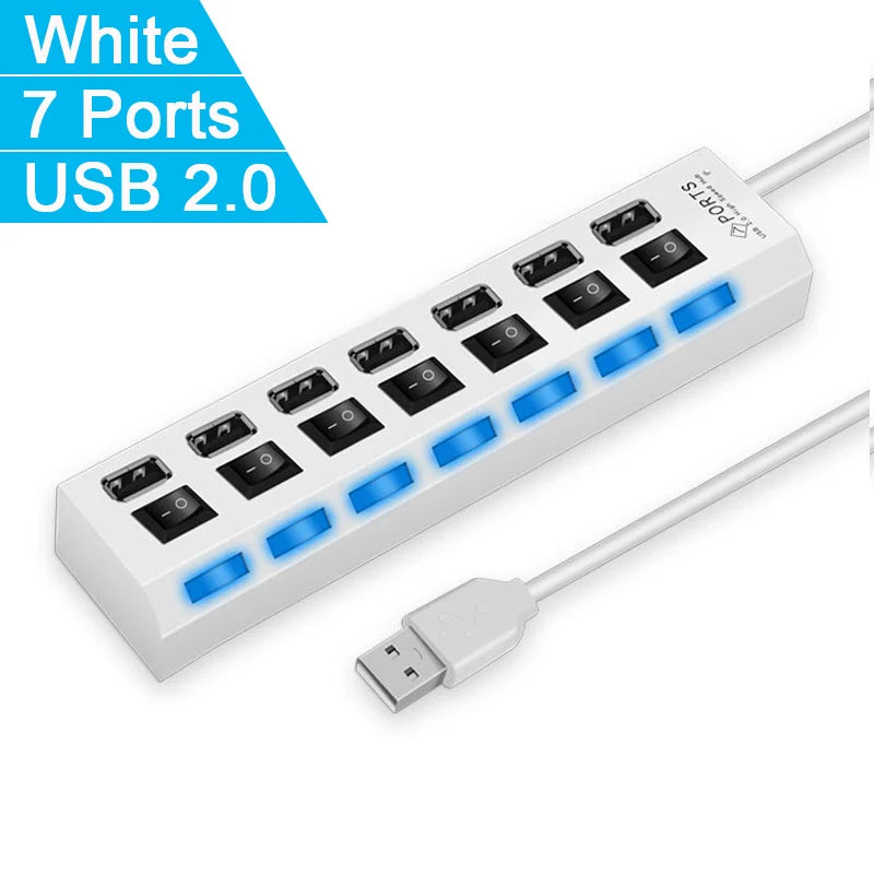 High-Speed USB 2.0 Hub — 4 or 7-Port USB Splitter with Individual On/Off Switches & LED Indicator for PC Laptop