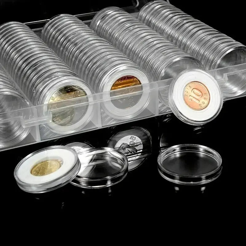 100-Pack Clear Round Coin Capsules with Storage Case, Coin Protection for Collectors and Gifts