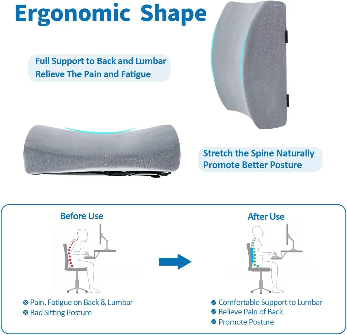 Memory Foam Lumbar Support Cushion for Office, Car & Student Chairs, Breathable Removable Cover (Blue)