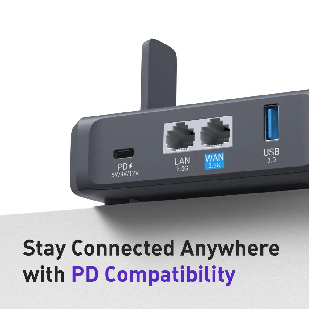 Wi‑Fi 7 Travel Router Touchscreen, Dual 2.5G Ports, Up to 3570 Mbps VPN Gaming Hotspot USB 3.0 Type‑C PD