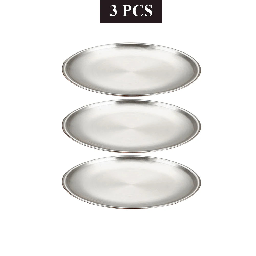3-Piece Stainless Steel Round Shallow Plates Set – Rust-Resistant Camping, BBQ & Picnic Dishes (14–30 cm / 5.5–11.8 in)