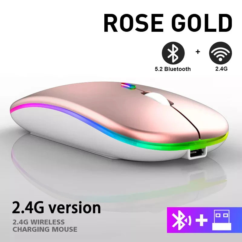 Rechargeable Dual-Mode Wireless Mouse — Bluetooth & 2.4GHz USB Receiver, RGB Backlight, 1600 DPI for Laptop PC MacBook Tablet