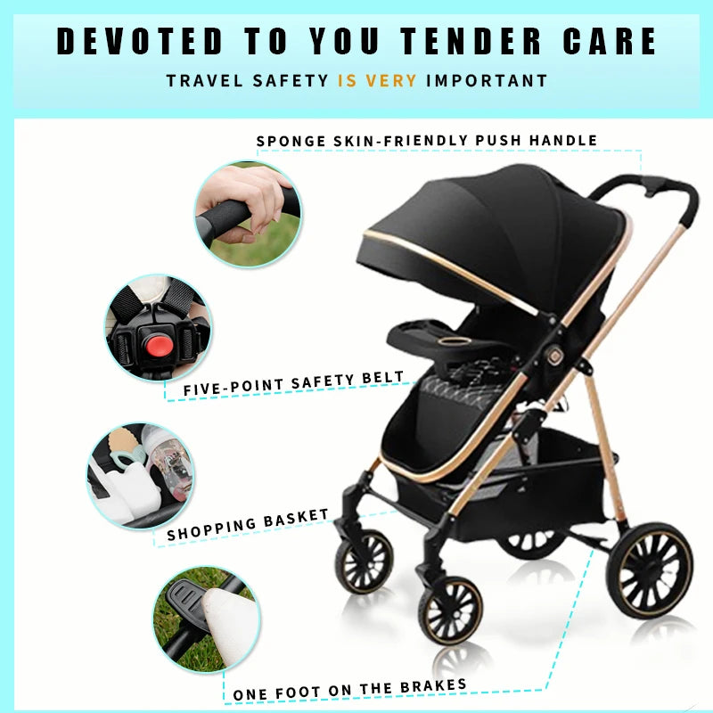 3-in-1 Luxury Baby Stroller Foldable Portable Travel Stroller with Aluminum Frame Reversible Lay-Flat Seat for Newborn
