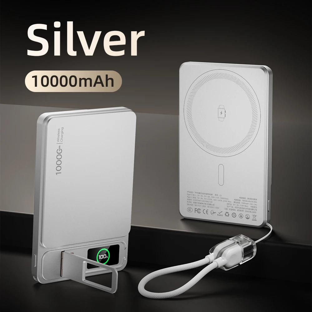 10000mAh Magnetic Wireless Power Bank 20W Fast Charge Slim Portable Battery with Built-in Cables & Phone Stand for Magnetic-Compatible Phones and Smartwatches