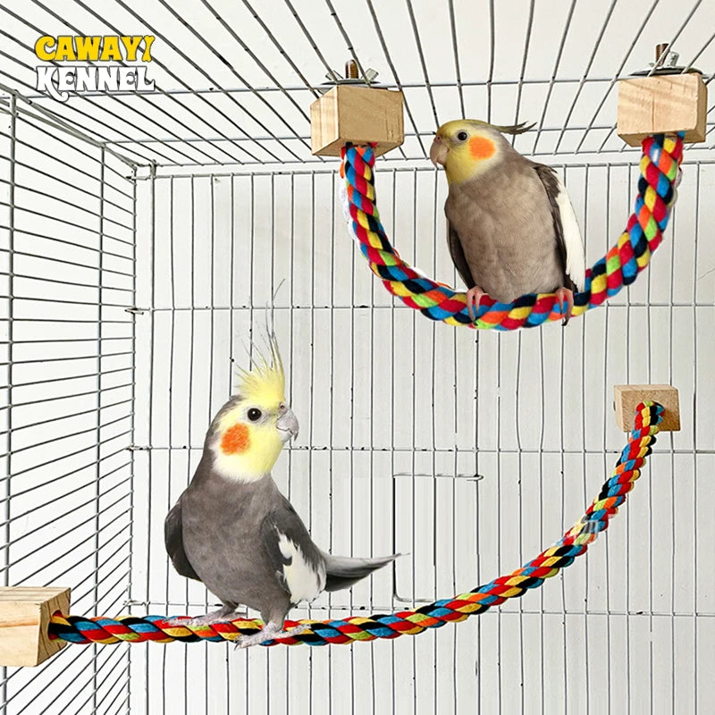 Colorful Cotton Rope Parrot Toy with Wooden Perch and Elastic Climbing Swing for Parrots & Small Birds
