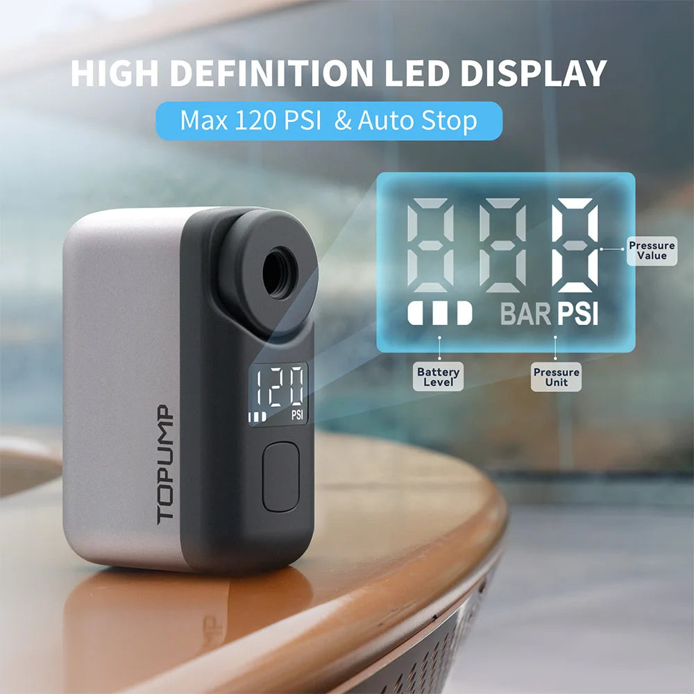 Mini Portable Electric Tire Inflator Pump – Cordless 120 PSI Digital Bike Pump, 450mAh Fast-Charge (Type-C)