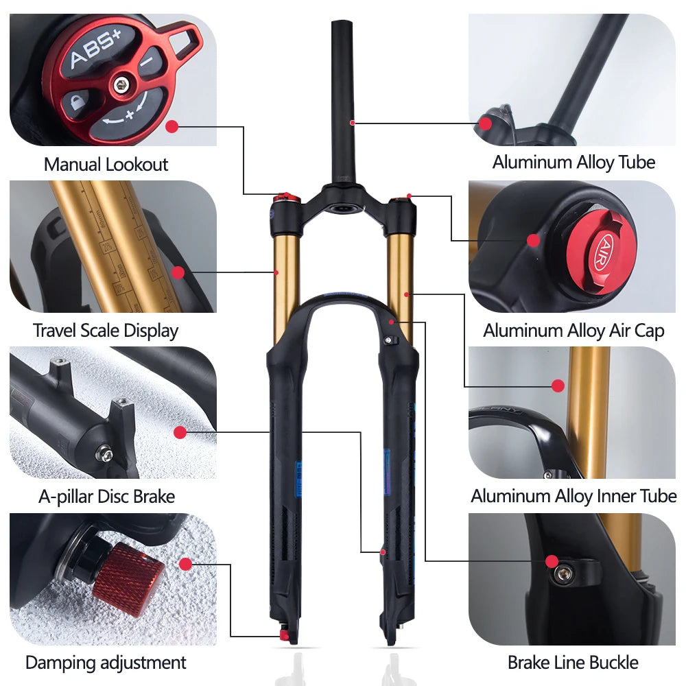 MTB Air Suspension Fork — 120mm Travel, Rebound Adjustable, 26/27.5/29 in, 9x100mm Quick Release, Disc Brake Compatible