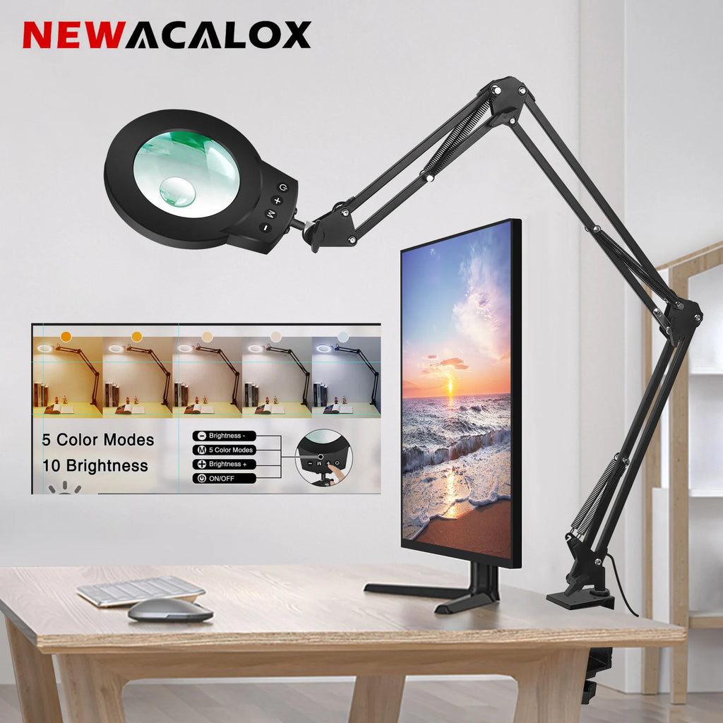 Adjustable Swing-Arm Magnifying Lamp 5X/10X with 110mm Lens, 5-Color Touch LED Clamp Light for Reading Jewelry Repair Electronics