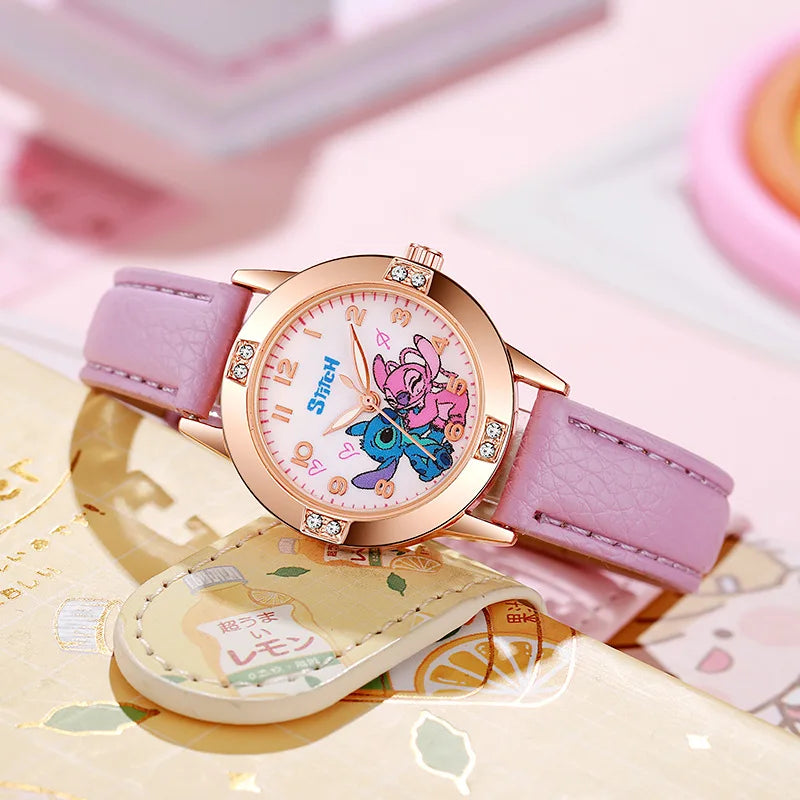 Girls Cartoon Leather Strap Watch with Rhinestone Dial — Rose Gold Cute Kids Watch