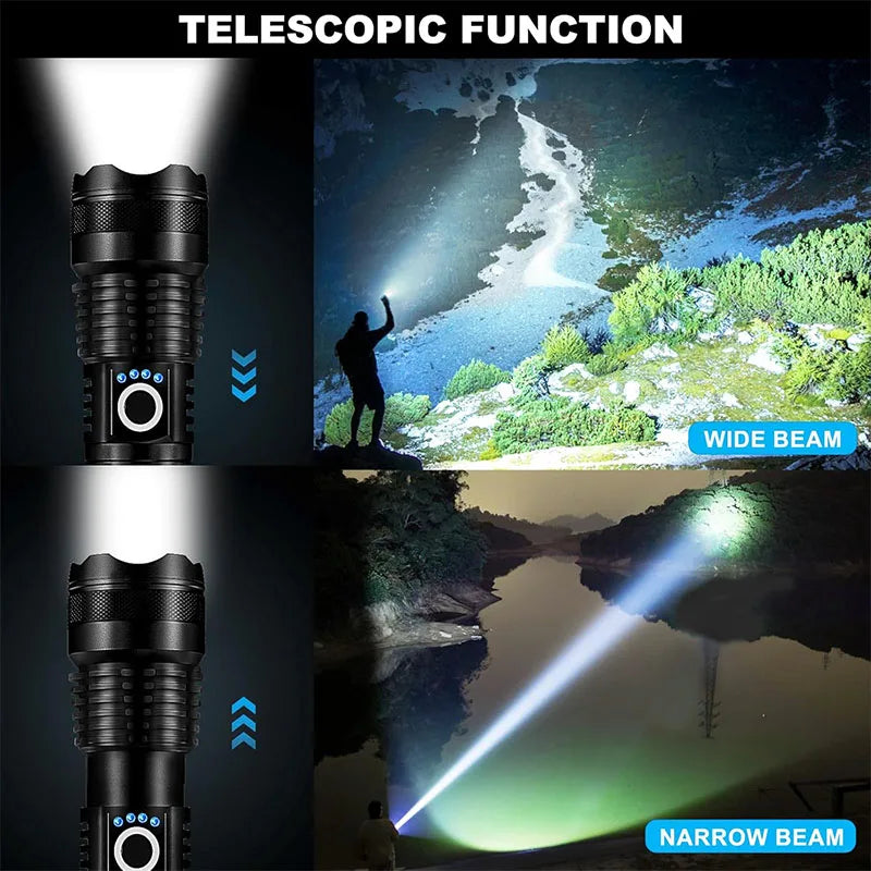 High-Power Rechargeable LED Tactical Flashlight, Aluminum Telescopic Zoom, USB-C, IPX65 Waterproof for Camping & Fishing