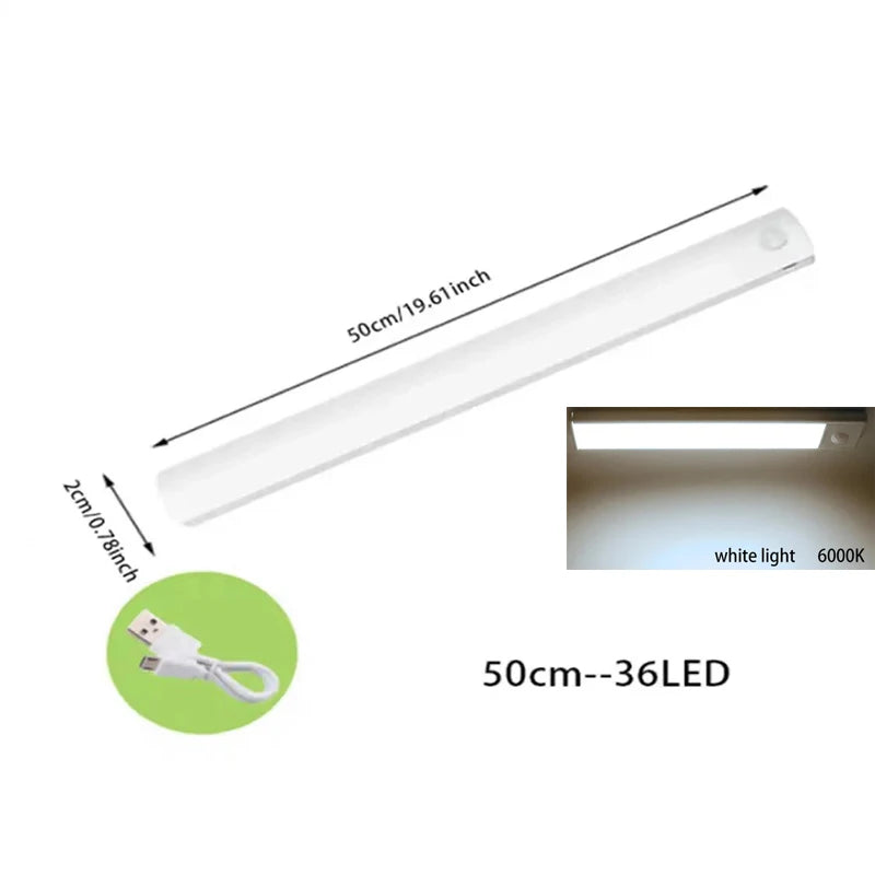 PIR Motion Sensor LED Under-Cabinet Rechargeable Night Light — Dimmable Magnetic Closet Stair Kitchen Light Bar (10–50 cm / 4–20 in)