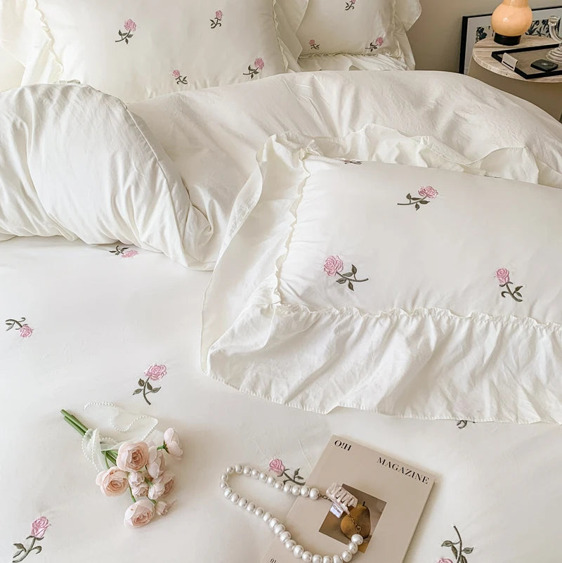 3‑Pc Rose Embroidered Duvet Cover Set with Ruffled Lace Pillowcases — Princess Bedding, Multiple Bed Sizes