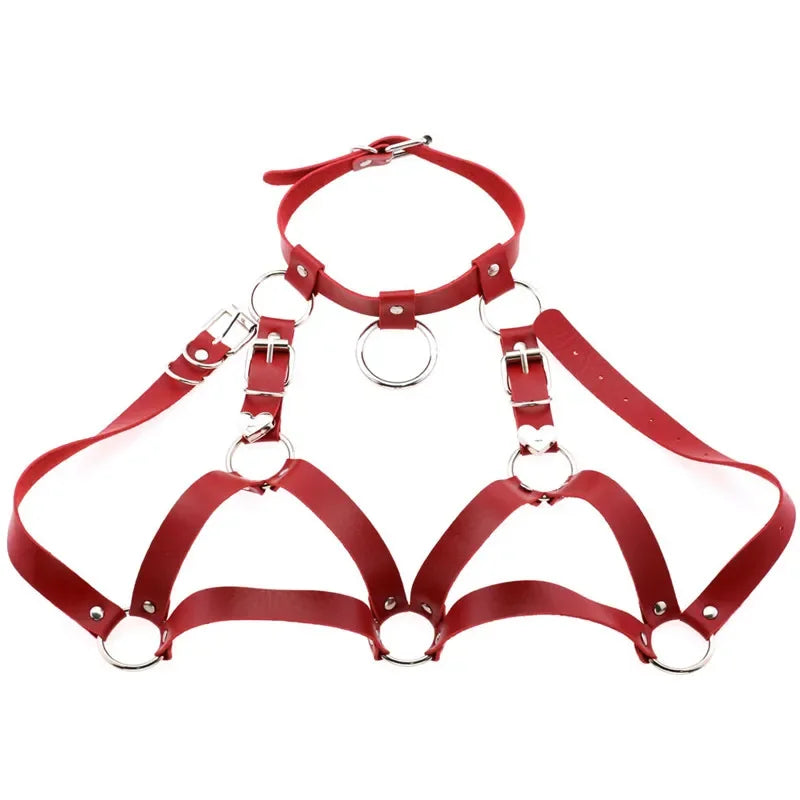 Black Goth Faux Leather Body Harness Chain Chest Belt Top for Punk Rave Festival