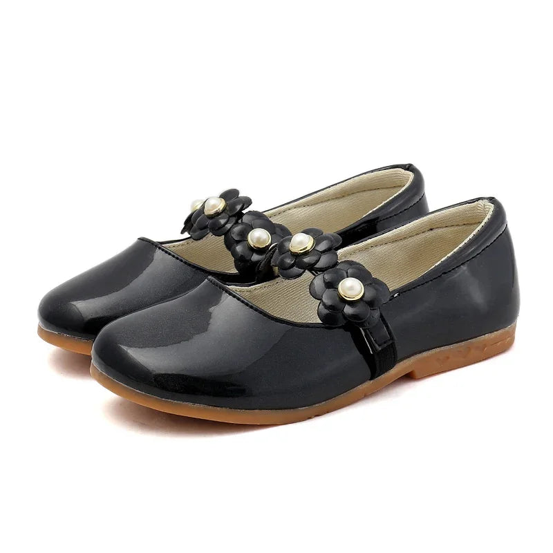 Girls Floral PU Leather Dress Flats with Flower Applique – Princess Party Shoes (EU Sizes 26–36)
