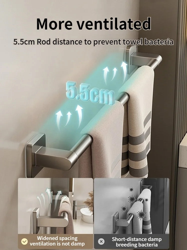 No-Drill Adhesive Towel Bar – Wall-Mount Towel Rack & Hook for Bathroom, Kitchen, Tile, Glass