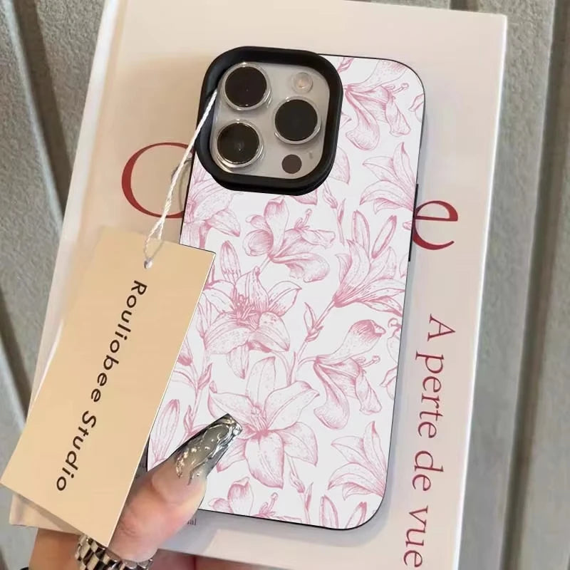 Pink Lily Floral Leather-Texture Shockproof Bumper Phone Case for iPhone - Anti-Drop Anti-Fingerprint