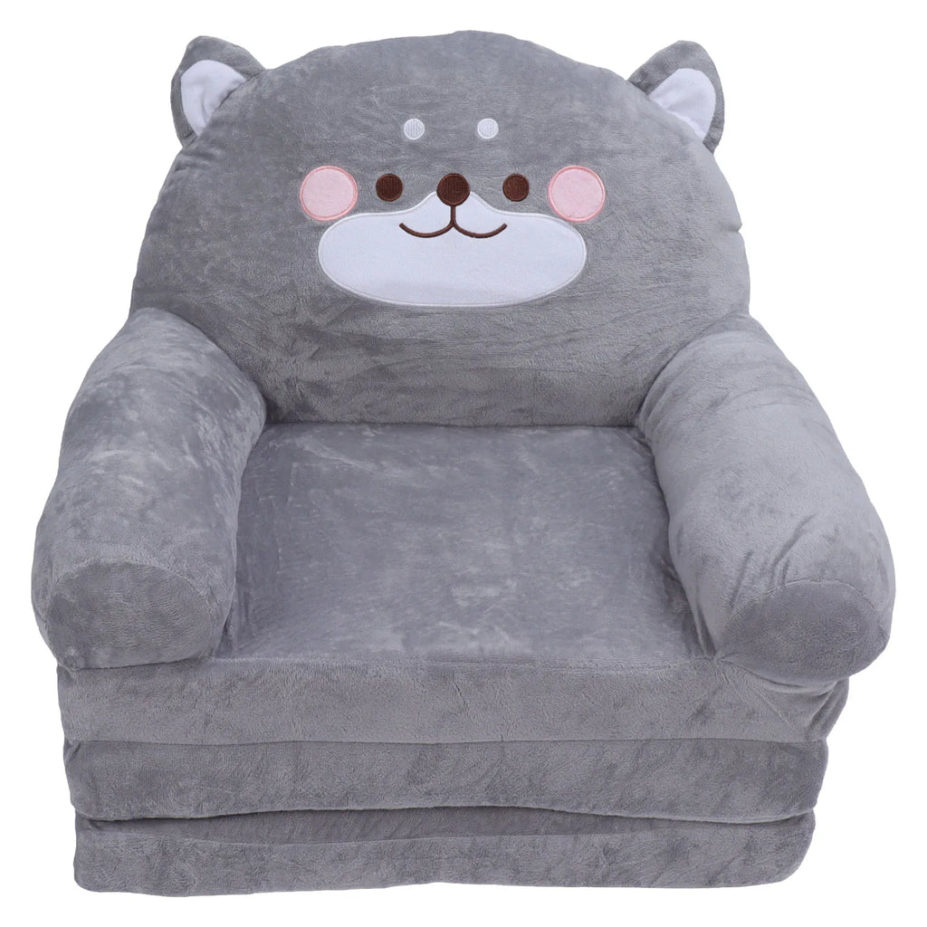Cartoon Gray Dog Kids Sofa Foldable Toddler Chair - Soft Breathable Plush Armrest for Reading, Relaxing & Napping
